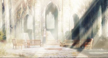 Movie still from “Mirai” (2018), directed by Mamoru Hosoda – A woman standing in front of benches in a building; Extreme Wide shot, High angle