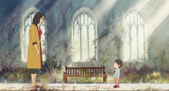 Movie still from “Mirai” (2018), directed by Mamoru Hosoda – A scene of a child standing next to a wooden bench; Wide shot, High angle