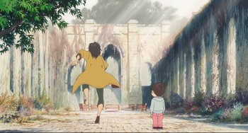 Movie still from “Mirai” (2018), directed by Mamoru Hosoda – Two children are playing with a skateboard in a park; Wide shot, High angle