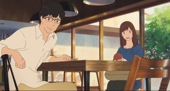 Movie still from “Mirai” (2018), directed by Mamoru Hosoda – A man and a woman sitting at a table in front of a window; Medium shot, Over the shoulder angle
