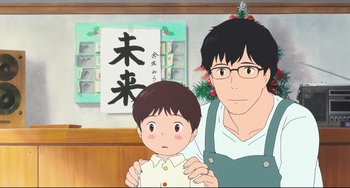 Movie still from “Mirai” (2018), directed by Mamoru Hosoda – A man and a boy standing next to each other in a room; Medium shot, Over the shoulder angle