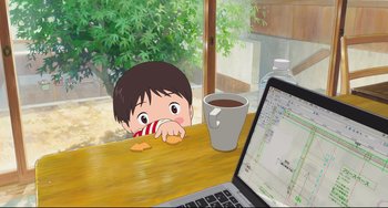 Movie still from “Mirai” (2018), directed by Mamoru Hosoda – A child is sitting at a table with a cup of coffee and a laptop; Wide shot, High angle