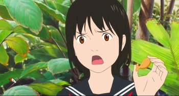Movie still from “Mirai” (2018), directed by Mamoru Hosoda – An animated picture of a girl with a surprised look on her face; Close Up shot, High angle