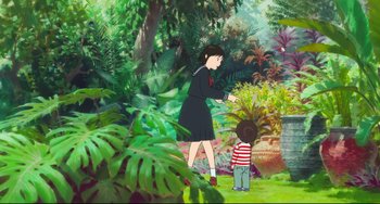 Movie still from “Mirai” (2018), directed by Mamoru Hosoda – A woman and a child are in a garden; Wide shot, High angle