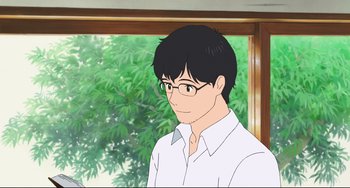 Movie still from “Mirai” (2018), directed by Mamoru Hosoda – An animated picture of a man wearing glasses; Close Up shot, Over the shoulder angle