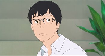 Movie still from “Mirai” (2018), directed by Mamoru Hosoda – An animated man wearing glasses and a white dress shirt; Close Up shot, Over the shoulder angle