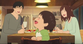 Movie still from “Mirai” (2018), directed by Mamoru Hosoda – An animated scene of a child laughing at a table; Medium shot, Over the shoulder angle
