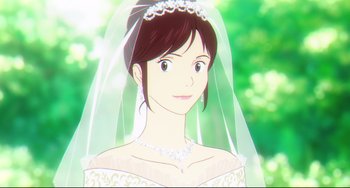 Movie still from “Mirai” (2018), directed by Mamoru Hosoda – A beautiful young woman wearing a tiara and a veil; Close Up shot, Over the shoulder angle