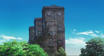 Movie still from “Mirai” (2018), directed by Mamoru Hosoda – An old clock tower with a sky in the background; Extreme Wide shot, Low angle