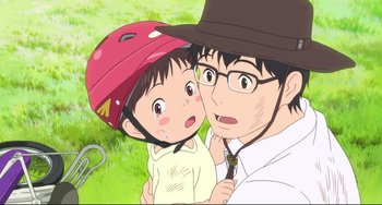 Movie still from “Mirai” (2018), directed by Mamoru Hosoda – An animated picture of a man and a child; Close Up shot, Over the shoulder angle