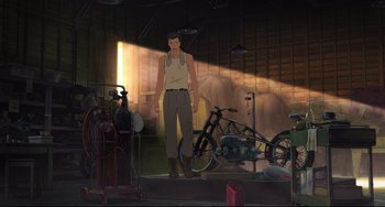 Movie still from “Mirai” (2018), directed by Mamoru Hosoda – A man standing next to a bicycle in a garage; Wide shot, High angle