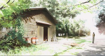 Movie still from “Mirai” (2018), directed by Mamoru Hosoda – A painting of an old barn with a wooden door; Extreme Wide shot, Low angle