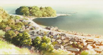 Movie still from “Mirai” (2018), directed by Mamoru Hosoda – An aerial view of a small town by the water; Extreme Wide shot, High angle