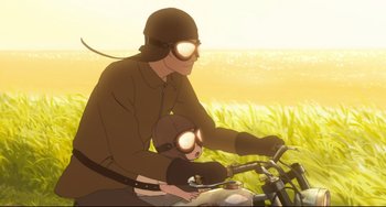 Movie still from “Mirai” (2018), directed by Mamoru Hosoda – A man and a child riding a bike in a grassy field; Medium shot, Low angle