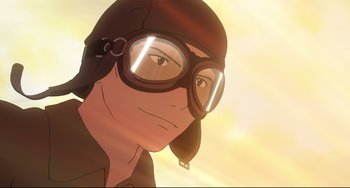 Movie still from “Mirai” (2018), directed by Mamoru Hosoda – A man wearing goggles and a helmet; Close Up shot, Low angle