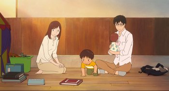 Movie still from “Mirai” (2018), directed by Mamoru Hosoda – An illustration of a family sitting on the ground; Wide shot, High angle