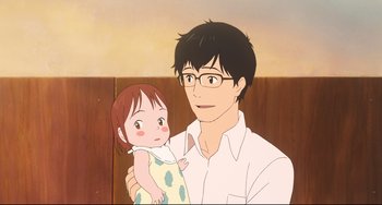 Movie still from “Mirai” (2018), directed by Mamoru Hosoda – An animated man holding a baby in his arms; Medium shot, Over the shoulder angle