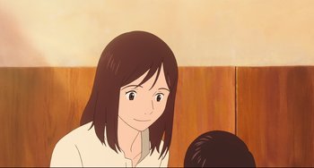Movie still from “Mirai” (2018), directed by Mamoru Hosoda – An animated picture of a woman and a boy; Close Up shot, Over the shoulder angle