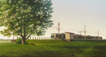 Movie still from “Mirai” (2018), directed by Mamoru Hosoda – A painting of a train on the side of the road; Extreme Wide shot, Low angle