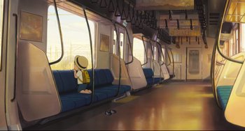 Movie still from “Mirai” (2018), directed by Mamoru Hosoda – A person sitting on a bench on a train; Extreme Wide shot, High angle