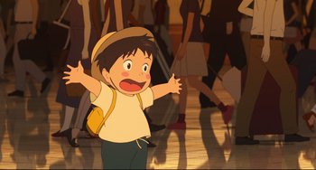 Movie still from “Mirai” (2018), directed by Mamoru Hosoda – An animated boy with his arms out and his mouth open; Medium shot, High angle