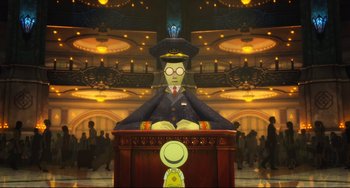 Movie still from “Mirai” (2018), directed by Mamoru Hosoda – A statue of a man sitting on top of a desk; Wide shot, High angle