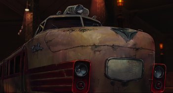 Movie still from “Mirai” (2018), directed by Mamoru Hosoda – An old car with a light on the hood; Wide shot, Low angle