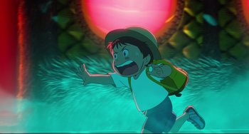 Movie still from “Mirai” (2018), directed by Mamoru Hosoda – A boy with a backpack is running in the water; Wide shot, High angle