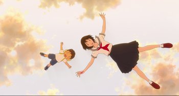 Movie still from “Mirai” (2018), directed by Mamoru Hosoda – A woman and a child flying in the sky; Extreme Wide shot, Overhead angle