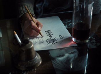 Movie still from “Mirror” (1975), directed by Andrei Tarkovsky – A person writing on a piece of paper on top of a table; Extreme Close Up shot, Overhead angle