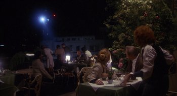 Movie still from “Missing” (1982), directed by Costa-Gavras – A group of people sitting around a table at a restaurant; Wide shot, High angle