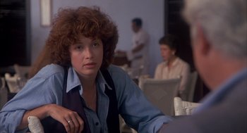 Movie still from “Missing” (1982), directed by Costa-Gavras – A woman sitting in front of another woman in a room; Close Up shot, Over the shoulder angle