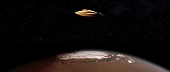 Movie still from “Mission to Mars” (2000), directed by Brian De Palma – An image of an alien spaceship flying over the earth; Extreme Wide shot, Overhead angle