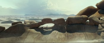 Movie still from “Monster Hunter” (2020), directed by Paul W.S. Anderson – A person standing on a beach near a body of water; Extreme Wide shot, High angle