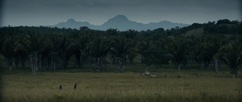 Movie still from “Monsters” (2010), directed by Gareth Edwards – A field with trees in the distance and a mountain in the background; Extreme Wide shot, High angle