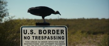 Movie still from “Monsters” (2010), directed by Gareth Edwards – A bird is perched on top of a sign that reads " u; Wide shot, Low angle