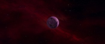 Movie still from “Monsters vs. Aliens” (2009), directed by Conrad Vernon – An image of a purple planet in the sky; Extreme Wide shot, Low angle