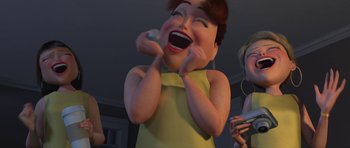 Movie still from “Monsters vs. Aliens” (2009), directed by Conrad Vernon – An animated woman laughing while holding a cell phone to her ear; Close Up shot, High angle