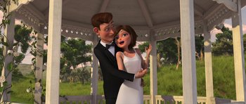 Movie still from “Monsters vs. Aliens” (2009), directed by Conrad Vernon – An animated man and a woman in a gazebo; Medium shot, Low angle