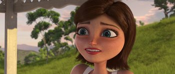 Movie still from “Monsters vs. Aliens” (2009), directed by Conrad Vernon – An animated girl with a brown hair and blue eyes looking at the camera; Close Up shot, Over the shoulder angle