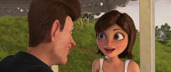 Movie still from “Monsters vs. Aliens” (2009), directed by Conrad Vernon – An animated man and woman face to face in front of trees; Close Up shot, Overhead angle