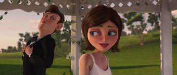 Movie still from “Monsters vs. Aliens” (2009), directed by Conrad Vernon – A cartoon of a girl and a boy in front of a gazebo; Close Up shot, Over the shoulder angle