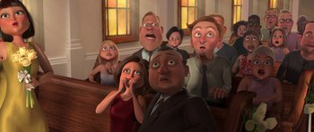 Movie still from “Monsters vs. Aliens” (2009), directed by Conrad Vernon – A group of people in a courtroom looking surprised; Medium shot, High angle