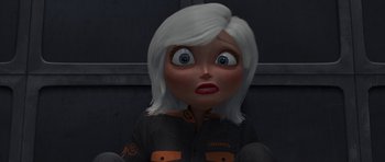 Movie still from “Monsters vs. Aliens” (2009), directed by Conrad Vernon – An animated woman with white hair is looking at the camera; Close Up shot, High angle