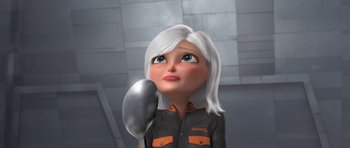 Movie still from “Monsters vs. Aliens” (2009), directed by Conrad Vernon – An animated woman with white hair holding an object in her hand; Close Up shot, High angle