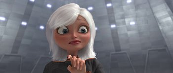 Movie still from “Monsters vs. Aliens” (2009), directed by Conrad Vernon – An animated woman with white hair looking at the camera; Close Up shot, Low angle