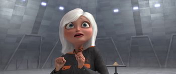 Movie still from “Monsters vs. Aliens” (2009), directed by Conrad Vernon – An animated woman with white hair is looking up; Close Up shot, Low angle