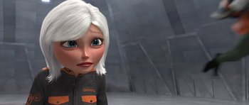 Movie still from “Monsters vs. Aliens” (2009), directed by Conrad Vernon – An animated woman with white hair is looking at the camera; Close Up shot, Over the shoulder angle