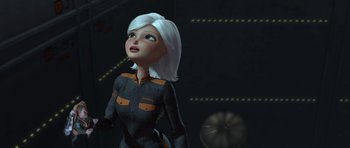 Movie still from “Monsters vs. Aliens” (2009), directed by Conrad Vernon – An animation of a woman with white hair looking up; Close Up shot, Low angle