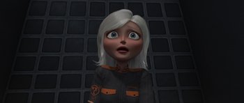 Movie still from “Monsters vs. Aliens” (2009), directed by Conrad Vernon – An animated woman with white hair is looking at the camera; Close Up shot, High angle